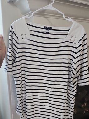 Chaps White and Black Striped Boatneck Top with Grommet Detail